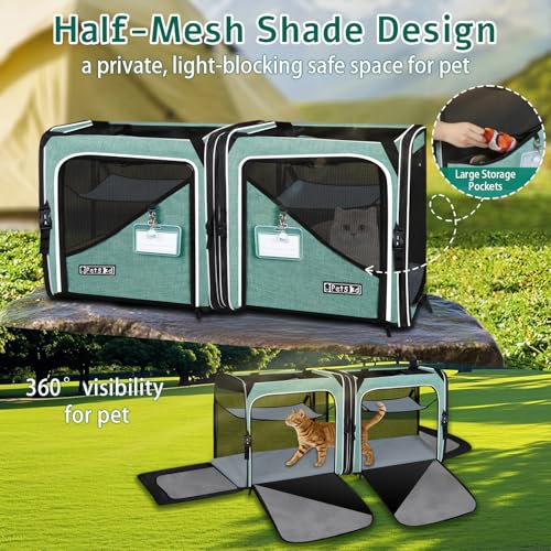 Petskd 2 in 1 Double Cat Car Travel Carrier with Litter Box, 38"x17"x18" Dual Extra Large Cat Carrier for Several Cats, Portable Cat Carrier with Zipper Locks for Longer Road Trips (Green)