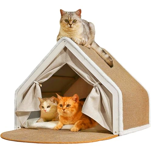 Cat Houses for Indoor Cats - 4 Seasons Cat Bed Cave with Natural Sisal Cat Scratcher Mat, Solid Wood Frame Cat House with Curtains and Cat Floor Scratching Pad Rug, Protect Couch and Carpets, S