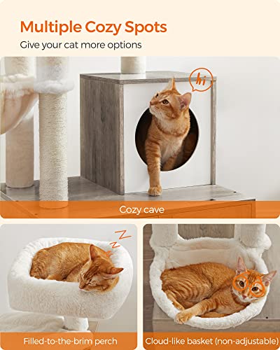 Feandrea Cat Tree with Litter Box Enclosure, 59-Inch Modern Cat Tower, 2-in-1 Condo with Scratching Posts, Washable Removable Cushion, Greige UPCT113G01 - color: Greige