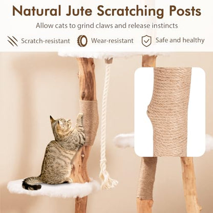 Tangkula Solid Wood Cat Tree, Modern Wooden Cat Tower with Jute Scratching Posts, Perch, Condo, Sisal Rope, Dangling Ball, Soft Long Plush, 66 Inch Tall Cat Tree Tower for Indoor Cats Large Adult - style: Round Condo