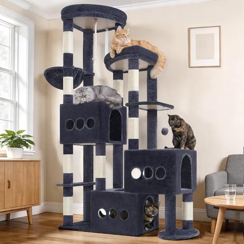 Gitelsnour Cat Tree for Large Adult, 71.7'' Tall Cat Tower for Indoor Cats, Sturdy Heavy Duty Cat Tree Tower for 20 lbs+Cats, 3 Big Cat Condos, 10 Scratching Posts, 3 Platforms, Drak Gray GCT036G - color: Smoky gray