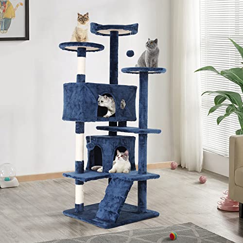 Catmax 70'' Tall Indoor 'Cat Condo' Tower, Multi-Level Cat Furniture with Cat Scratching Post/Stand, Corner Cat Tower for Medium Cats - color: Navy Blue