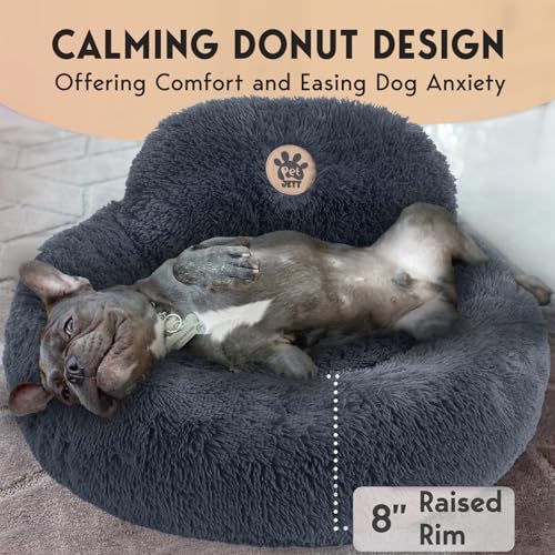 PetJett Small Dog Bed - 23'' Round Dog Beds, Calming Puppy Bed - Washable Dog Bed - Anti-Slip, Super Soft Fluffy Plush Faux Fur Pet Bed, Anti-Anxiety Premium Comfort Donut Bed, Fits Dogs Upto 25 lbs - color: Dark Gray, size: Small - 23”L x 23”W x 8”Th
