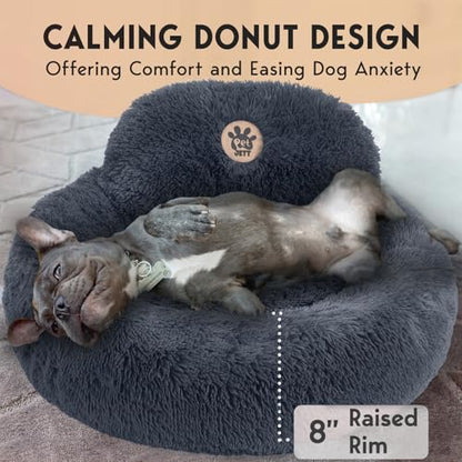 PetJett Small Dog Bed - 23'' Round Dog Beds, Calming Puppy Bed - Washable Dog Bed - Anti-Slip, Super Soft Fluffy Plush Faux Fur Pet Bed, Anti-Anxiety Premium Comfort Donut Bed, Fits Dogs Upto 25 lbs - color: Dark Gray, size: Small - 23”L x 23”W x 8”Th