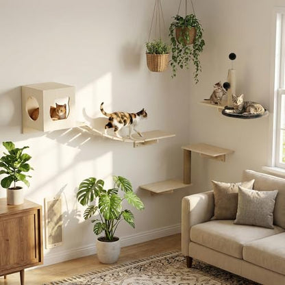 Cat Wall Shelves, Modern Wall-Mounted Cat Furniture Includes House, Bridge, Steps, Scratcher, Perch & Lounge for Indoor Cats, Space-Saving Wall Mounted Cat Shelves for Play & Rest - size: 6-in-1 Cat Shelves