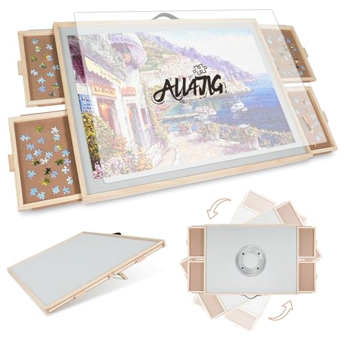 ALL4JIG 1500 Pieces 2-in-1 Tilting & Rotating Puzzle Board for Adults Gifts, 24.53" x 33.19"Wooden Jigsaw Puzzle Table with 4 Drawers, Portable Board with Lazy Susan and Cover, - color: Metal, size: Medium-1500pcs
