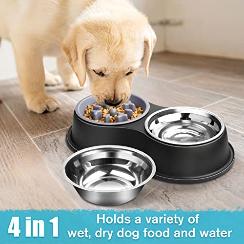 Epetslove Dog Bowls Double Dog Water and Food Bowls Stainless Steel Bowls with Non-Slip Resin Station, Pet Feeder Bowls for Puppy Medium Dogs Cats - color: 2. Slow Feeder, size: Medium-18oz