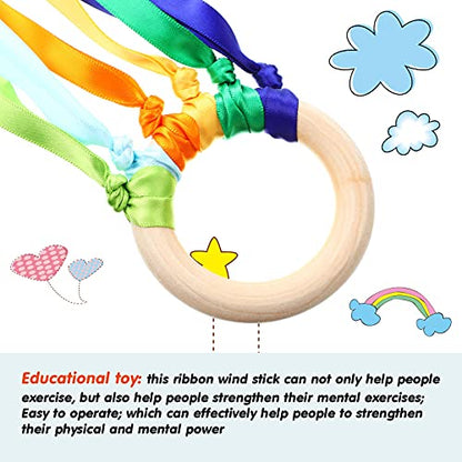Sumind 6 Pcs Rainbow Ribbon Hand Kites Wands for Kids Dancer Streamer String Toy Thrown Waldorf Wand with Wooden Ring Wand Learning Educational(Bright Colors) - style: Bright Colors