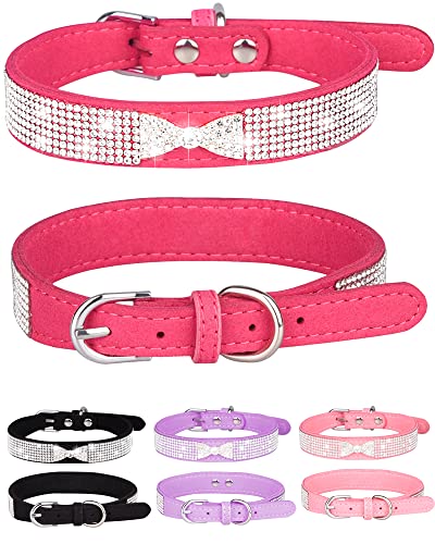 Dog Collar for Small Dogs, Adjustable Leather Suede Bling Dog Collars，Pink Dog Collar Cat Collar, Rhinestone Dog Collar (XS, Rose red4) - color: rose red4, size: XS