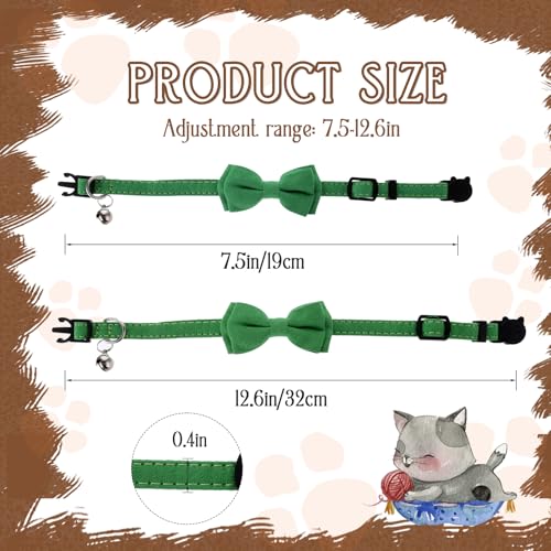 2 Pcs Bowtie Cat Collar with Bell Breakaway Cat Collars Cute Boy Kitten Collar Adjustable Small Puppy Safety Collar Solid Color Plaid Pet Collar (Green) - color: green