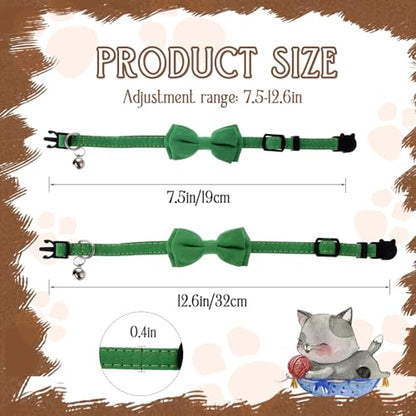 2 Pcs Bowtie Cat Collar with Bell Breakaway Cat Collars Cute Boy Kitten Collar Adjustable Small Puppy Safety Collar Solid Color Plaid Pet Collar (Green) - color: green
