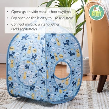 Kitty City Cat Print Pop-Up Cat Play House, Collapsible Indoor Cat Hideout with Peekaboo Openings, Lightweight Foldable Cat Cube for Play & Lounging, Blue - color: I) Cat Print Tent House (Blue)