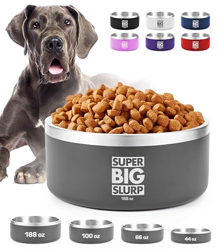 Tuff Pupper Heavy Duty Insulated Dog Bowl | Double Wall Stainless Steel Dog Food Dish | Non-Slip Spill Proof Dishwasher Safe Cat Bowl | Water Dish for Feeding Large Medium Small Pets (188oz, Grey) - color: Cool Grey, size: 188oz
