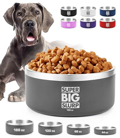 Tuff Pupper Heavy Duty Insulated Dog Bowl | Double Wall Stainless Steel Dog Food Dish | Non-Slip Spill Proof Dishwasher Safe Cat Bowl | Water Dish for Feeding Large Medium Small Pets (188oz, Grey) - color: Cool Grey, size: 188oz