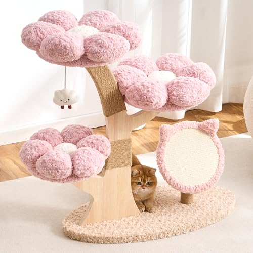 Modern Cat Tree Tower for Indoor Cats Large Adult, 37 inch Flower Cat Tree with Scratching Post, Luxury Aesthetic Cat Tree with Cloud-Soft Flower Perches and Physical Mouse-Sound Hanging Toy - color: blush pink, size: 37 inch-Cat Scratcher