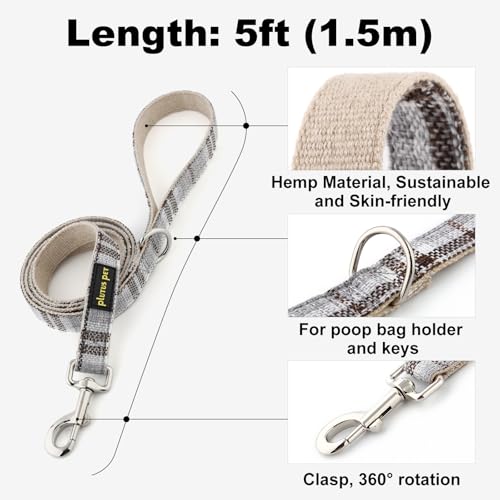 Plutus Pet Cotton Hemp Dog Collar and Leash Set, Adjustable Collar for Small, Medium, and Large Dogs, Heavy Duty and Soft on Skin, Gray Plaid, S - color: Grey Plaid, size: Small