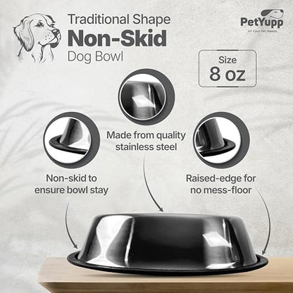 Stainless Steel Non Skid Dog Bowl – Non-Slip Rubber Base, Rust-Proof & Dishwasher Safe – Durable Food and Water Bowl for Small Dogs, Puppies & Kittens – 8oz - size: Non Skid Bowl - 8 oz