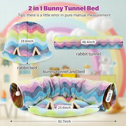 BWOGUE Bunny Tunnel Bed, 2-in-1 Collapsible Tunnel Tubes Toys with Removable Mat Hideout for Cats Kittens Rabbits Guinea Pigs Kitty - color: Rainbow