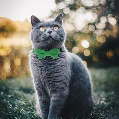 2 Pcs Bowtie Cat Collar with Bell Breakaway Cat Collars Cute Boy Kitten Collar Adjustable Small Puppy Safety Collar Solid Color Plaid Pet Collar (Green) - color: green