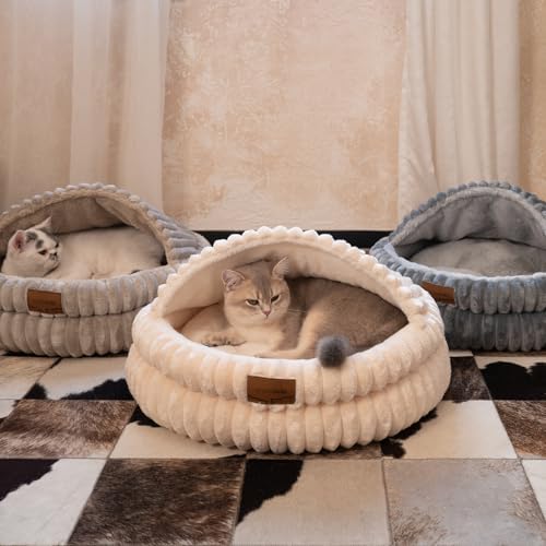 Cat Cave Bed for Indoor Cats, Washable Covered Cat Bed Hooded Kitty Bed Soft Fluffy Pet Bed for Puppy and Small Dog(White) - color: White