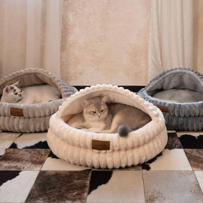 Cat Cave Bed for Indoor Cats, Washable Covered Cat Bed Hooded Kitty Bed Soft Fluffy Pet Bed for Puppy and Small Dog(White) - color: White