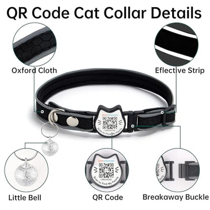 Cat Collar with Bells Reflective Cat Collars Breakaway with Oxford Cloth Soft Padding Adjustable Kitten Collar with QR Code（Black） - color: Black