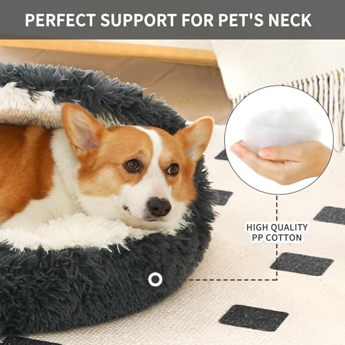 Dog Bed Round Hooded Plush Cat Cave Self Warming Pet Bed Donut Anti Anxiety Fluffy Pet Bed for Puppy and Kitty - color: Dark grey, size: Medium 23.6''