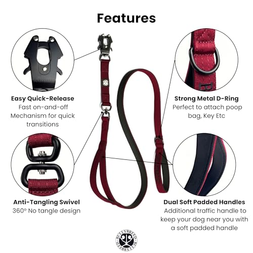 BULLYBREED | Heavy Duty Dog Leash, Tactical Dog Leash, Quick Release Frog Clip with Anti-Tangling Swivel System for Large Dogs that Pull with Soft Double Handles (5 FT Long, Maroon Red) - color: Maroon Red Double Handle