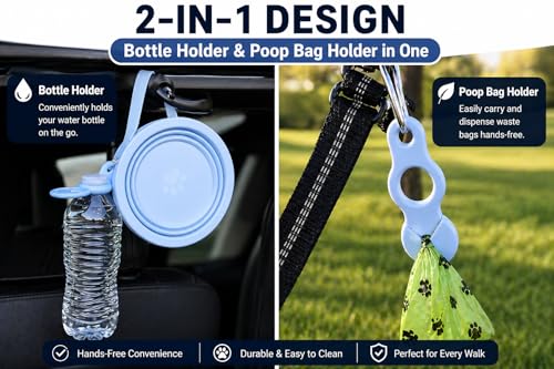 2-in-1 Travel Dog & Cat Bowl – Collapsible BPA-Free Silicone & 18/8 Stainless Steel, Portable & Non-Slip with Handle, Easy to Clean, Food & Water Bowl for On-the-Go Pets, Bottle/PoopBag Holder - color: Blue Bowl