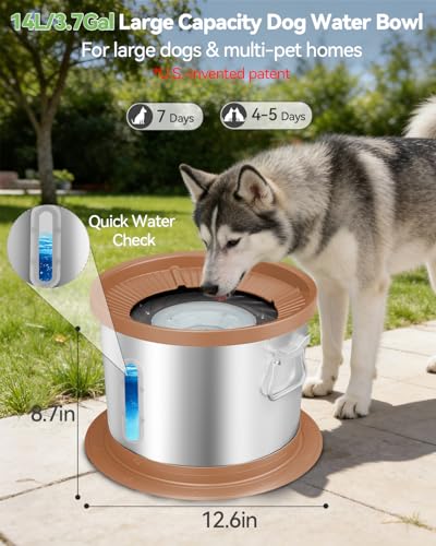 UPSKY 14L No Spill Dog Water Bowl, Stainless Steel Spill Proof Dog Bowl with Water Window, Dual-Suction Anti-Slip Large Capacity Slow Drinking Bowl with Floating Disk for Large Dogs & Messy Drinkers - color: Pink