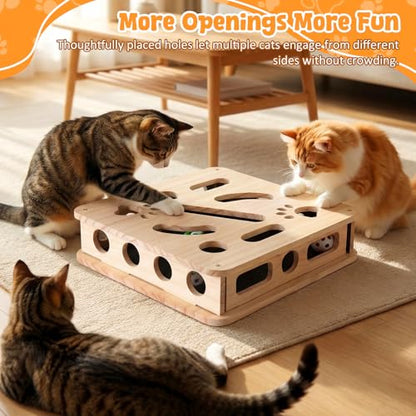 2026 Upgrade Cat Nail File Box, No Assembly Required, Solid Wood Cat Nail File Enrichment Box with 3 Bell Balls, 1 Teaser Wand & Replacement Sandpaper, Stress-Free Alternative to Clippers & Grinders