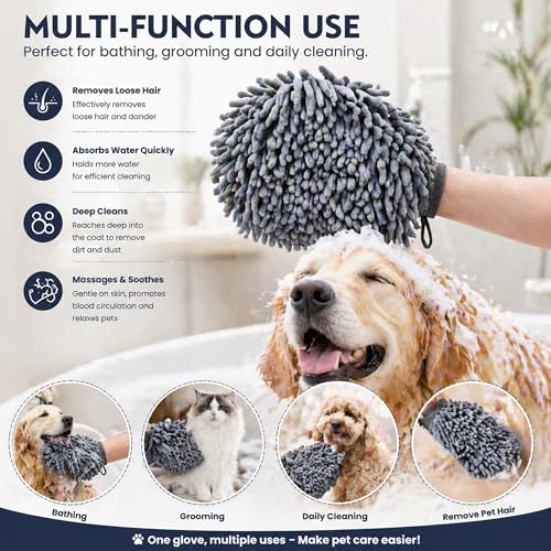 Super Absorbent Dog Dry Bath Gloves, Chenille Microfiber Pet Dirty Dogs Grooming Glove, Suitable for All Dog Breeds, For Wiping Wet Paws and Bodies, Machine Washable 2 Pack