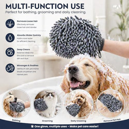 Super Absorbent Dog Dry Bath Gloves, Chenille Microfiber Pet Dirty Dogs Grooming Glove, Suitable for All Dog Breeds, For Wiping Wet Paws and Bodies, Machine Washable 2 Pack