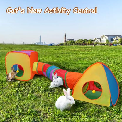 Rypet Cat Tunnels for Indoor Cats with Cube Tent Toys Combo Pop Up Collapsible Crinkle Interactive Peek Hole Cat Tube with Play Ball and Bell for Kitten, Puppy, Kitty, Rabbit - color: Rainbow