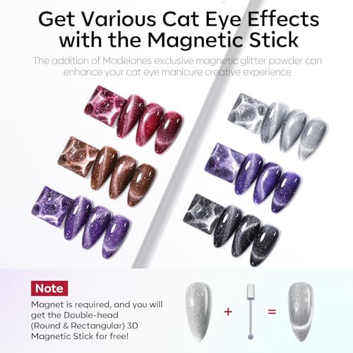 modelones Cat Eye Gel Nail Polish Set, 6 Colors Winter 9D Glassy Cat Eye Glitter Gel Polish Black Red Purple Blue Silver Brown Nail Polish with Magnet Soak Off LED DIY Salon Gift - color: A2-Moon n Night Cat Eye