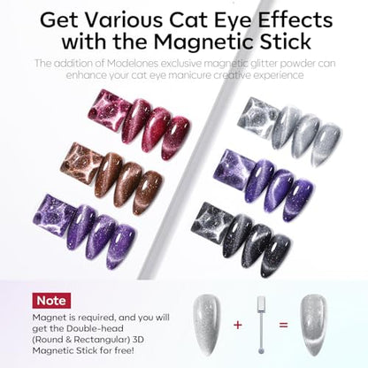 modelones Cat Eye Gel Nail Polish Set, 6 Colors Winter 9D Glassy Cat Eye Glitter Gel Polish Black Red Purple Blue Silver Brown Nail Polish with Magnet Soak Off LED DIY Salon Gift - color: A2-Moon n Night Cat Eye