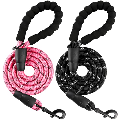 BARKBAY Dog Leashes for Large Dogs Heavy Duty Dog Leash 2 Pack 5 FT with Comfortable Padded Handle Highly Reflective Threads for Medium Large Dogs Walking Training Running (5FT-1/2,Pink+Black) - color: Pink+Black, size: 5 Feet