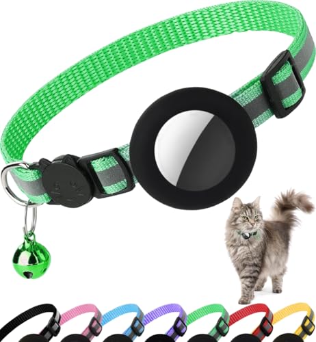 Airtag Cat Collar Breakaway, Reflective Kitten Collar with Apple Air Tag Holder and Bell for Girl Boy Cats, 0.4 Inches in Width and Lightweight(Green) - color: Green