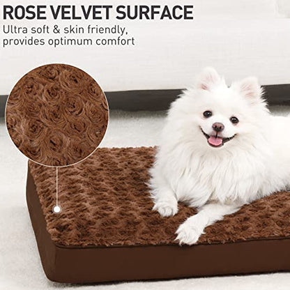 Dog Crate Bed Waterproof Dog Beds for Medium Pets Rose Velvet Soft Fluffy Washable with Removable Cover & Anti-Slip Bottom, 29 x 18 Inch, Brown - color: Brown, size: 29.0"L x 18.0"W x 3.0"Th