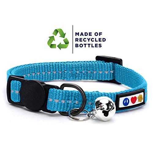 Pawtitas Recycled Teal Reflective Cat Collar – Eco-Friendly Breakaway Safety Buckle, Adjustable Kitten & Adult Collar with Removable Bell and High-Visibility Strap - color: Recycled Teal
