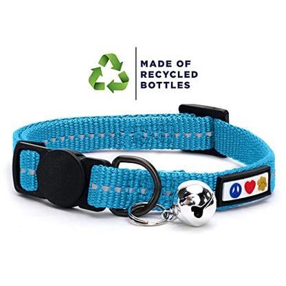 Pawtitas Recycled Teal Reflective Cat Collar – Eco-Friendly Breakaway Safety Buckle, Adjustable Kitten & Adult Collar with Removable Bell and High-Visibility Strap - color: Recycled Teal