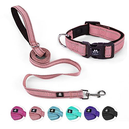 Dog Collar and Leash Set,Reflective Dog Collars with Quick Release Buckle,Adjustable Nylon Pet Collar for Small Medium Large Dogs(Medium,Pink) - color: Pink, size: Medium