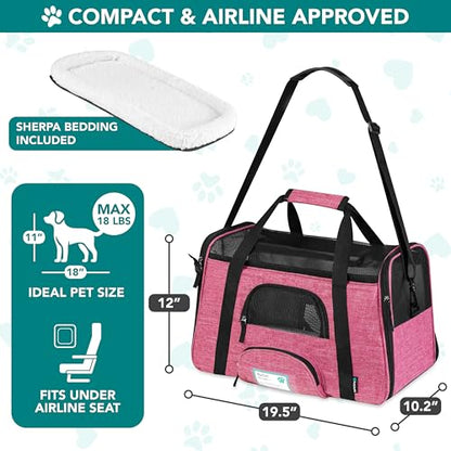 PetAmi Airline Approved Pet Carrier for Cats & Small Dogs, Soft Sided TSA Travel Carrier Bag Sherpa Bed, Breathable Mesh Ventilation, Collapsible Bowl, Fit Under Seat, Up to 18 lbs, Large Heather Pink - color: Heather Pink, size: Large - 19.5"L x 10.2"W x