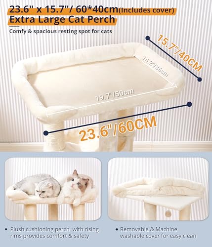 Happi N Pets 28" Cat Tree, Large Bed for Big Cats, Small Cat Tower with Soft Perch for Window Viewing, Stable Cat Tree Tower, Cat Scratching Post with Hammock, Removable Cover-Beige - color: Beige