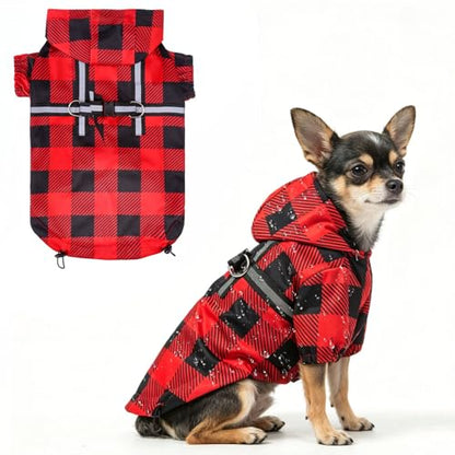 BEAUTYZOO Hooded Dog Raincoat with Built-in Harness, Jacket Poncho, Waterproof Winter Coat - Buffalo Red, XS - color: Buffalo Red, size: XS(Back 10.5", Chest 16.9", Neck 12")