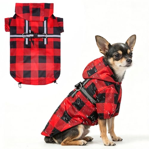 BEAUTYZOO Hooded Dog Raincoat with Built-in Harness, Jacket Poncho, Waterproof Winter Coat - Buffalo Red, XS - color: Buffalo Red, size: XS(Back 10.5", Chest 16.9", Neck 12")