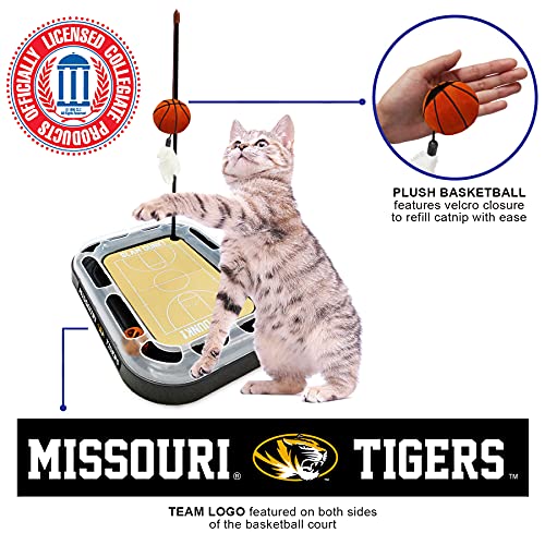 NCAA Missouri Tigers Basketball Court Scratcher Toy with Catnip Filled Plush Basketball & Feather Cat Toy Hanging, Jingle Bell Interactive Ball - color: Missouri Tigers