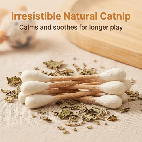Cotton Swab Cat Toy with Catnip, 6 Pack Interactive Kicker Chew Stick for Indoor Pet Dental Play
