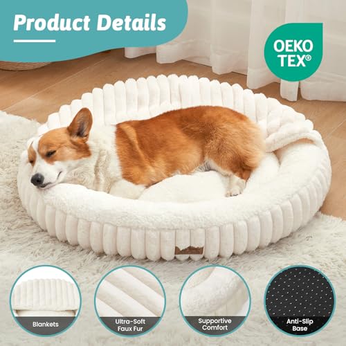 Small Dog Bed with Hooded Blanket, Round Fluffy Anti-Anxiety Pet Bed for Small Dogs & Medium Dogs, Cozy Donut Cuddler with Machine Washable Faux Fur & Anti-Slip Bottom(26"×26"×7",Cream) - color: Cream, size: 26"×26"×7"