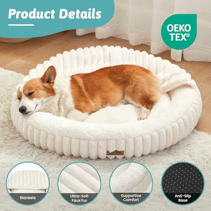 Small Dog Bed with Hooded Blanket, Round Fluffy Anti-Anxiety Pet Bed for Small Dogs & Medium Dogs, Cozy Donut Cuddler with Machine Washable Faux Fur & Anti-Slip Bottom(26"×26"×7",Cream) - color: Cream, size: 26"×26"×7"